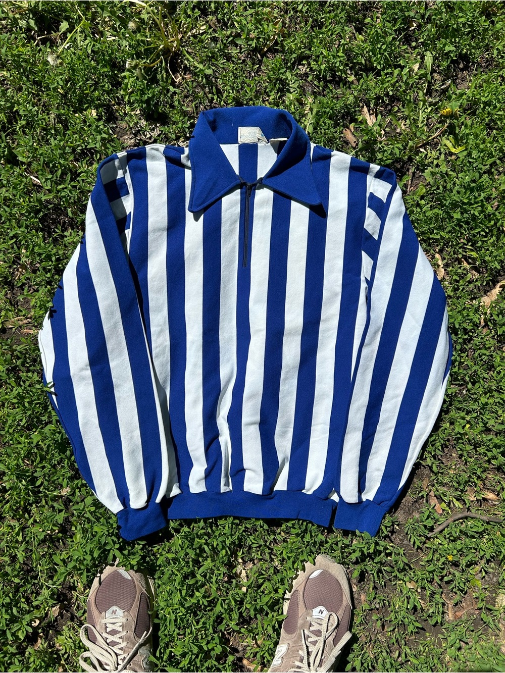 Vintage 80/90s Blue and White Referee Vertical Stripe Longsleeve Polo Shirt